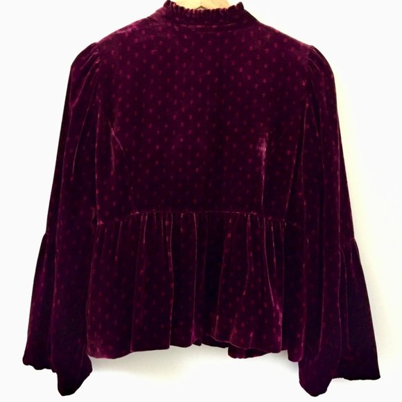 Anthropologie - Elevenses - Velvet Peplum Jacket - Swiss Dot Print - Wine - 4 - Picture 5 of 12